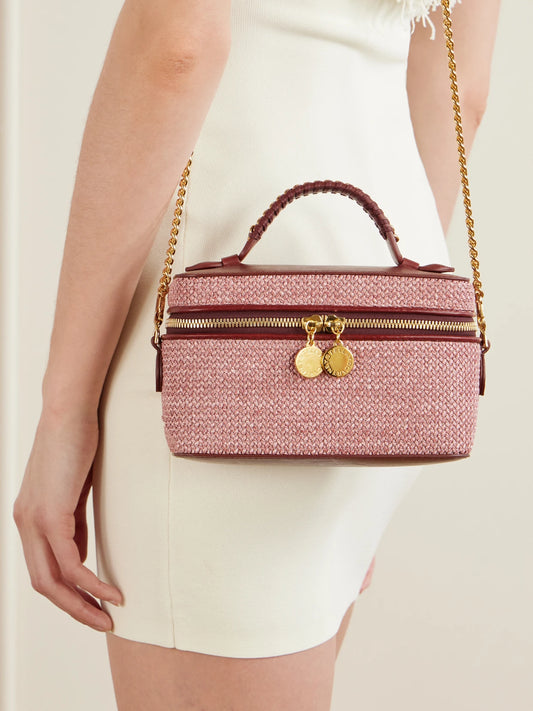 Image of Bags. Product name - Falabella Vanity Case Vegetarian Leather-trimmed Raffia Shoulder Bag in Burgundy colour by brand - Stella McCartney