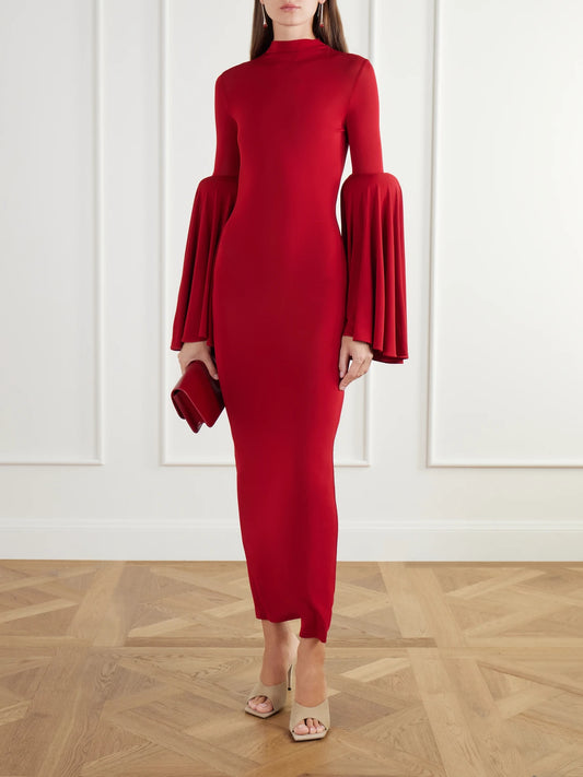 Image of Dresses. Product name - Ruffle-trimmed Stretch-jersey Maxi Dress in Red colour by brand - Jean Paul Gaultier