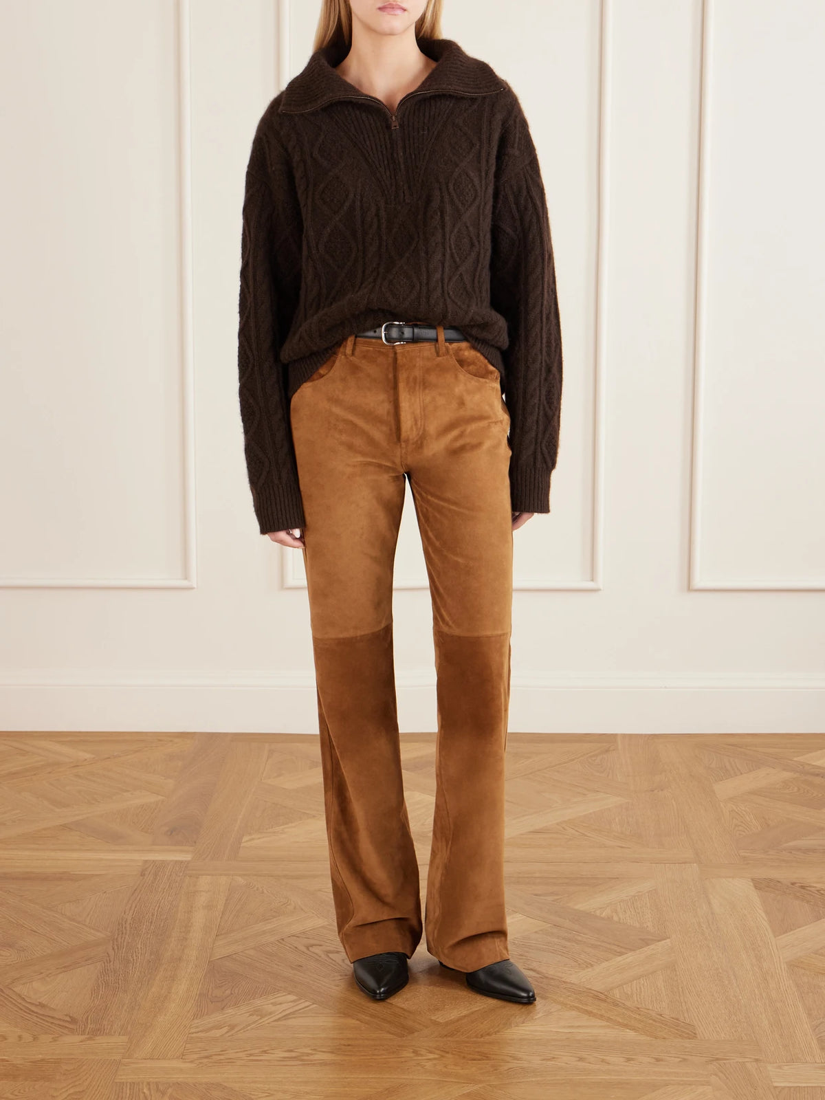 Image of a model wearing Pants. Product name - Joan Suede Straight-leg Pants in Multi colour by brand - Nili Lotan