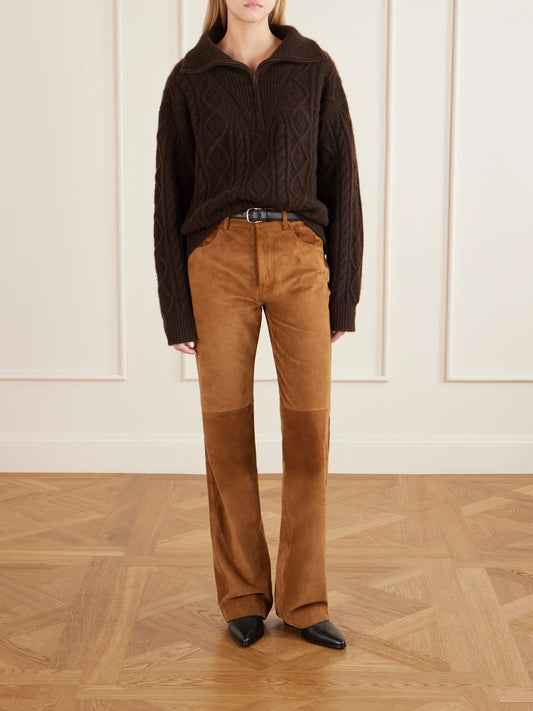 Image of a model wearing Pants. Product name - Joan Suede Straight-leg Pants in Multi colour by brand - Nili Lotan