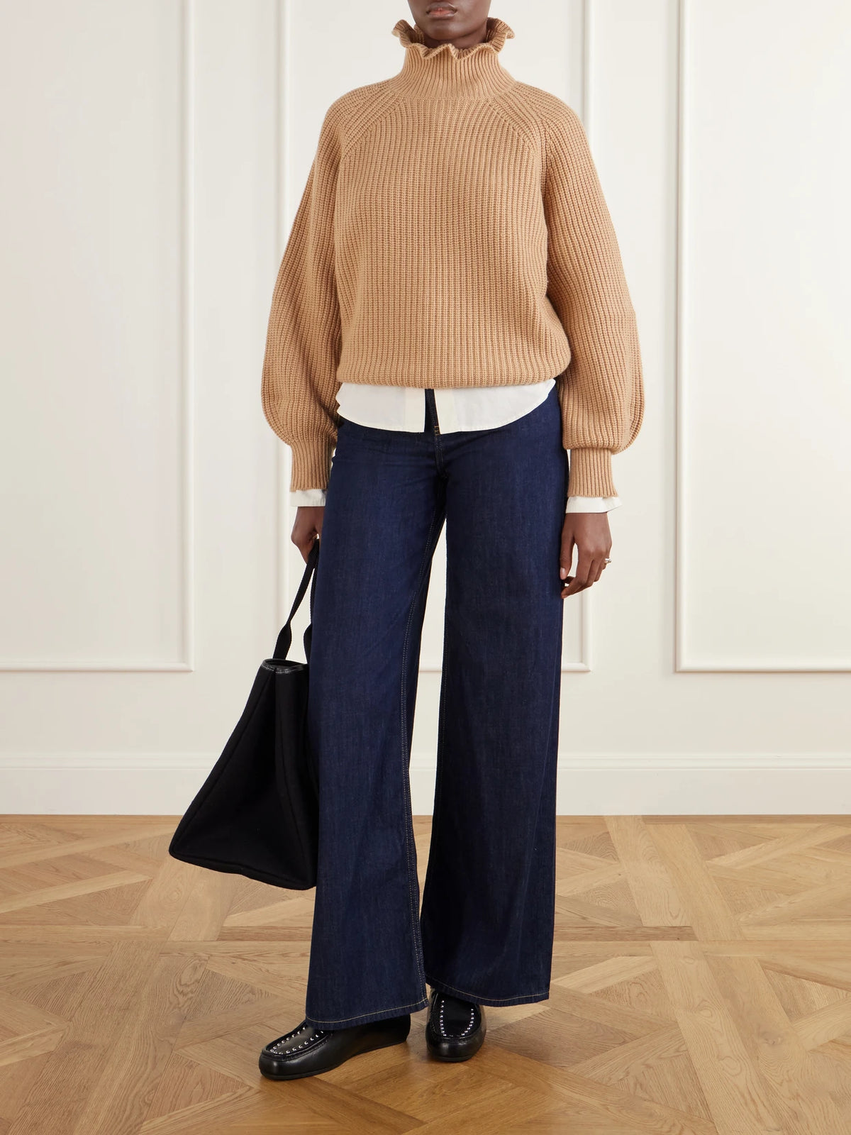 Image of a model wearing Outerwear. Product name - Pontile Ribbed Wool And Cashmere-blend Turtleneck Sweater in Beige, Dark brown colour by brand - Max Mara