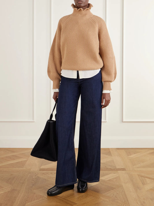 Image of a model wearing Outerwear. Product name - Pontile Ribbed Wool And Cashmere-blend Turtleneck Sweater in Beige, Dark brown colour by brand - Max Mara