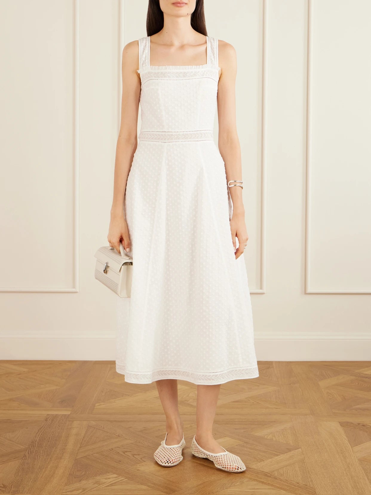 Image of Dresses. Product name - Artemis Pleated Embroidered Cotton-bouclé Dress in White colour by brand - Thierry Colson
