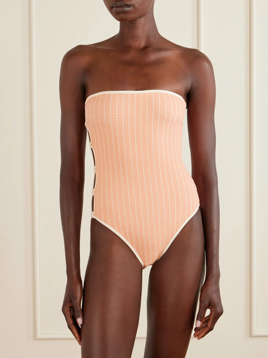 Golden Embellished Cut-out Jacquard Swimsuit