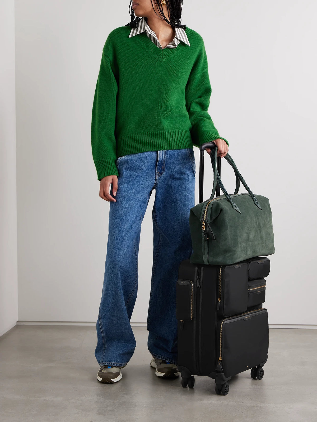 Image of Bags. Product name - Shorthaul Trolley Leather-trimmed Econyl Suitcase in Black colour by brand - Anya Hindmarch