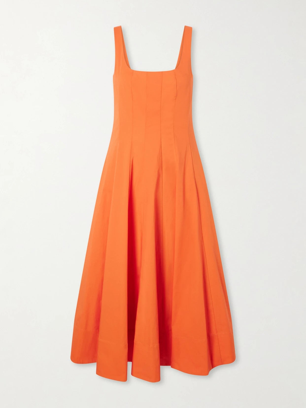 Image of Dresses. Product name - Wells Pleated Cotton-blend Poplin Midi Dress in Bright orange colour by brand - STAUD