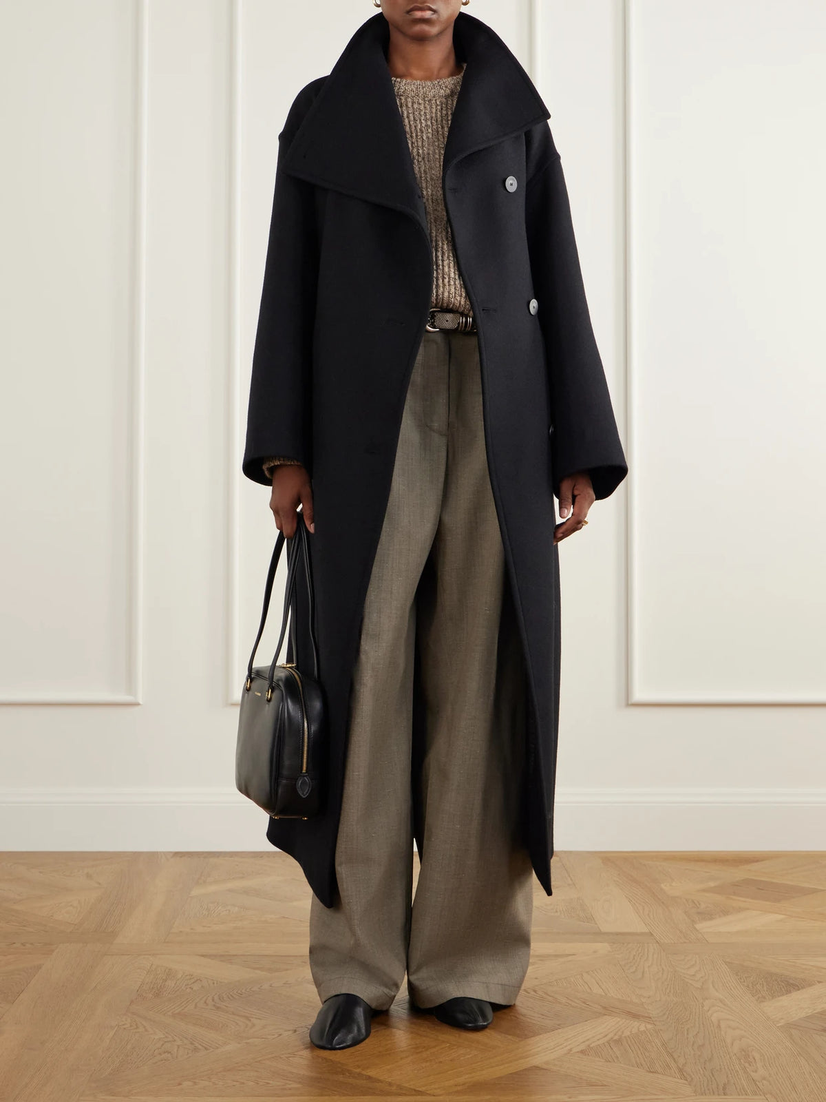 Image of Coats & Jackets. Product name - Fiore Belted Virgin Wool-blend Coat in Black colour by brand - Joseph