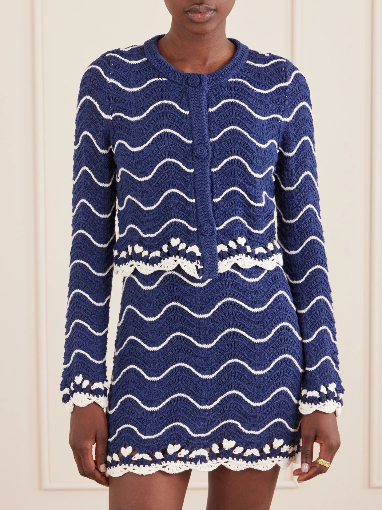 Louise Scalloped Striped Cotton Knit Cardigan