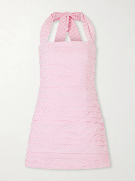 Image of Dresses. Product name - Tippy Ruched Checked Cotton Halterneck Mini Dress in Pink colour by brand - BERNADETTE
