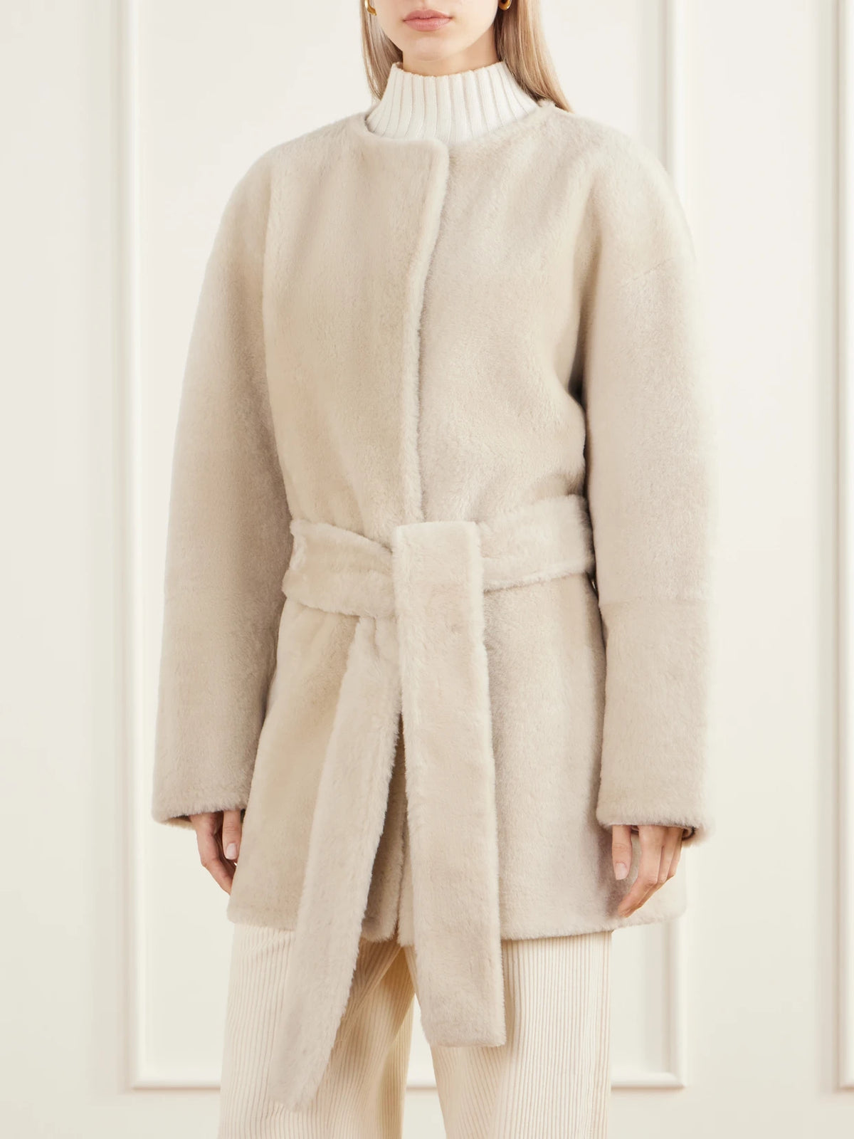 Almada Sasha Collarless Belted Shearling Coat