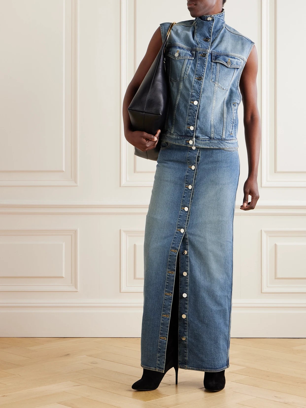 Image of Jeans. Product name - Layered Jersey-trimmed Denim Maxi Skirt in Blue colour by brand - Alaïa