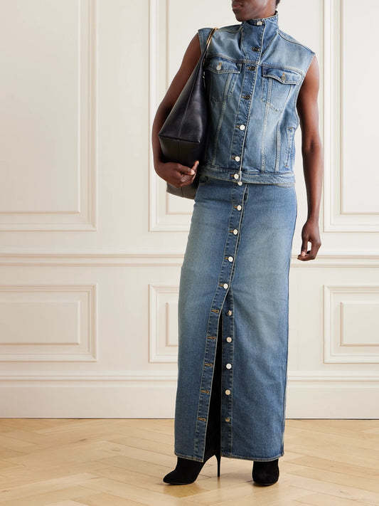 Image of Jeans. Product name - Layered Jersey-trimmed Denim Maxi Skirt in Blue colour by brand - Alaïa