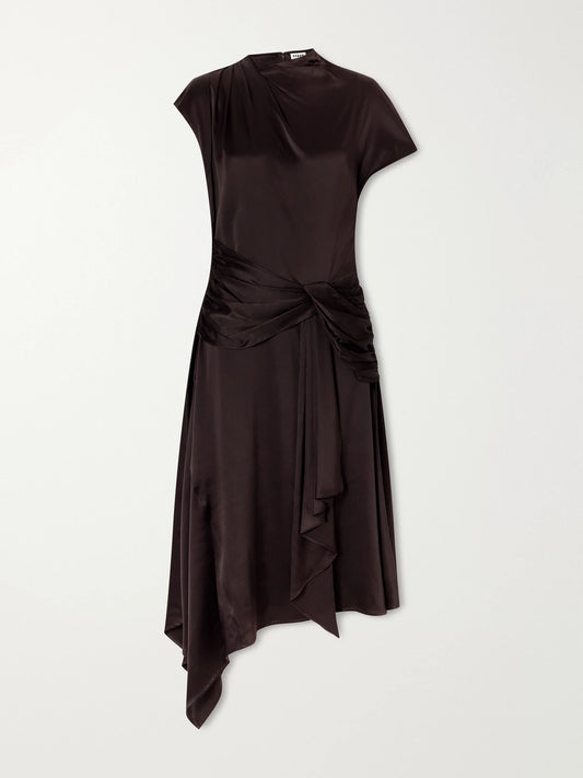 STAUD Davina Gathered Silk-blend Satin Midi Dress