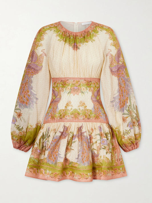 Image of Dresses. Product name - Indra Gathered Floral-print Metallic Cotton And Silk-blend Chartreuse Mini Dress in Beige colour by brand - Zimmermann
