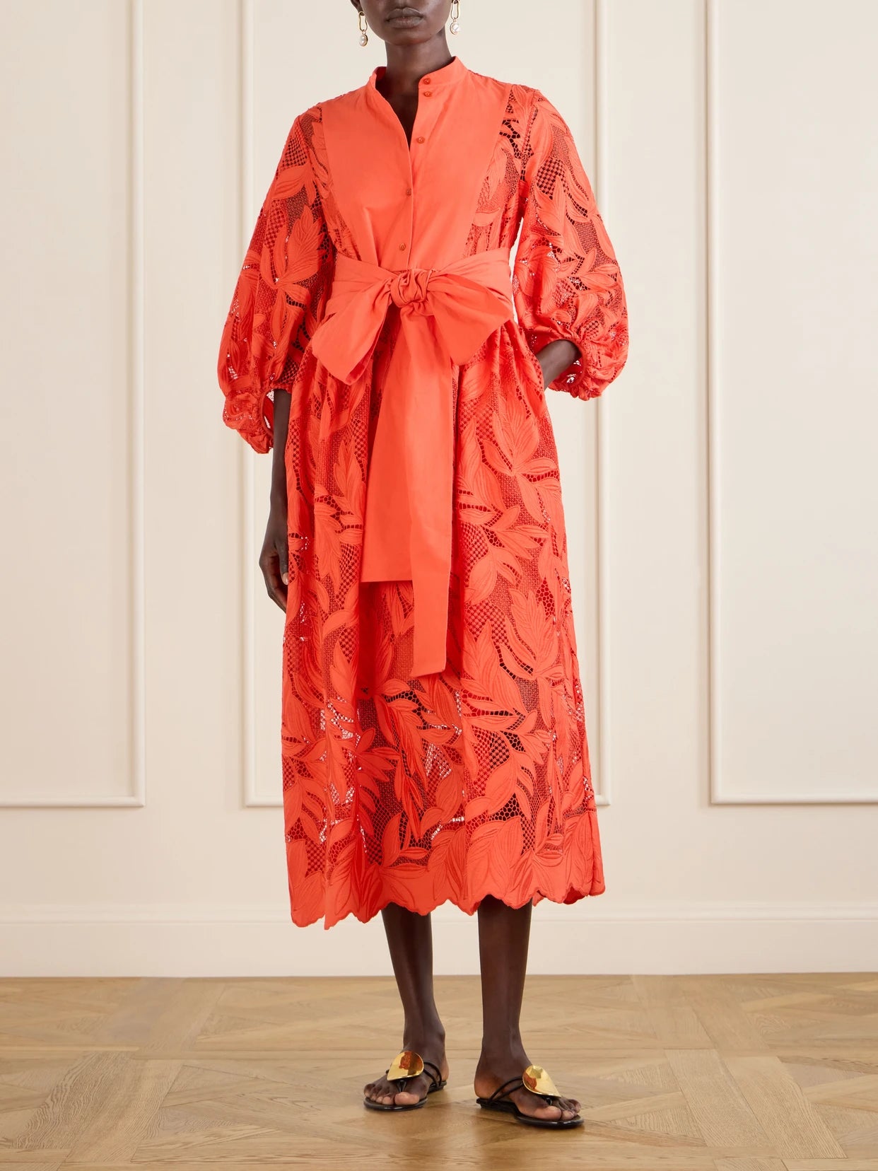 Image of Dresses. Product name - Bow-detailed Embroidered Poplin And Lace Midi Dress in Orange colour by brand - Erdem