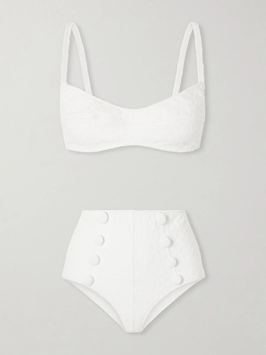 Image of Swimwear. Product name - Balconette Button-embellished Floral-jacquard Bikini in White colour by brand - Lisa Marie Fernandez