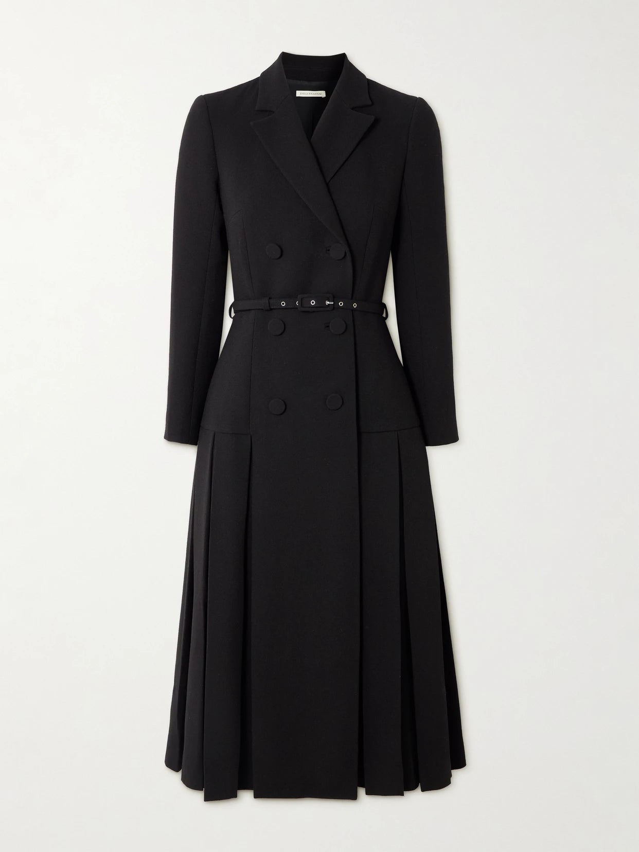 Image of Dresses. Product name - Chaney Belted Pleated Double-breasted Wool-crepe Midi Dress in Black colour by brand - Emilia Wickstead