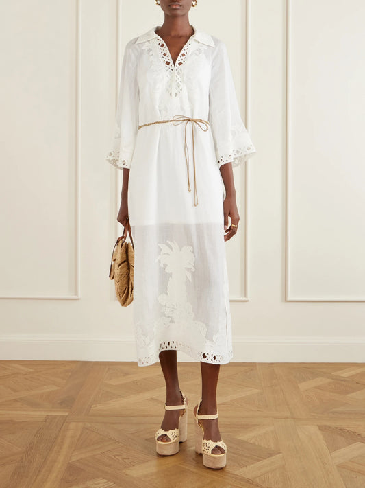 Image of Dresses. Product name - Indra Embroidered Belted Ramie Maxi Dress in Ivory colour by brand - Zimmermann