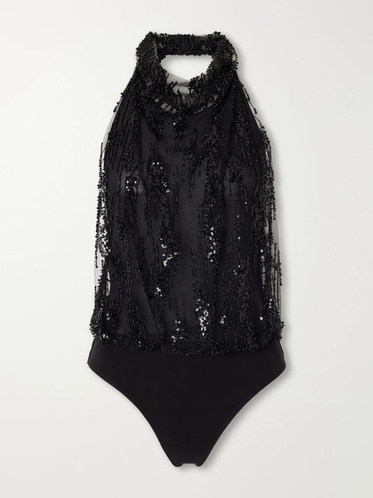 STAUD Monay Flocked Bead-embellished Jersey Bodysuit