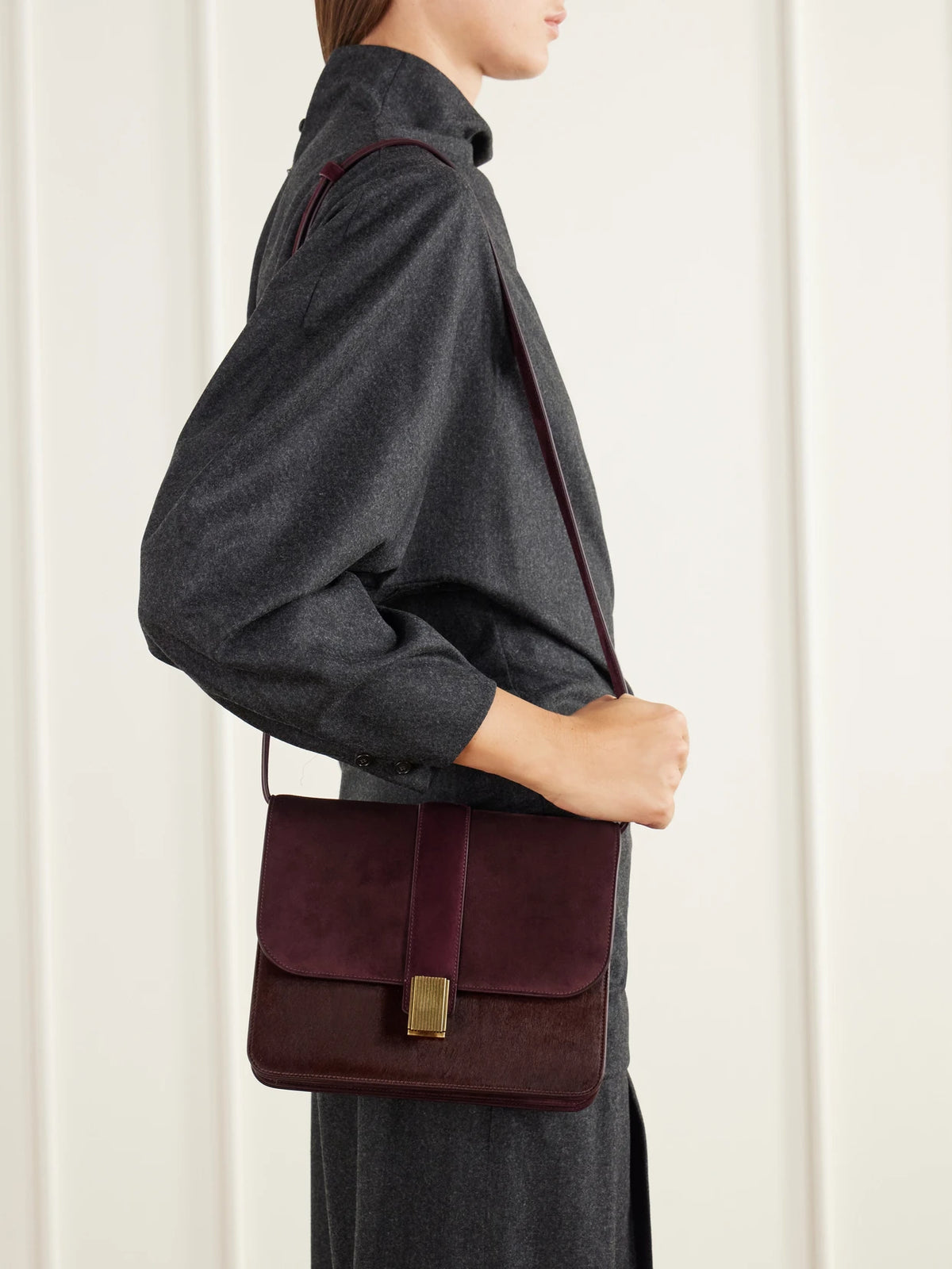 Image of Bags. Product name - Blake Calf Hair-trimmed Suede Shoulder Bag in Burgundy colour by brand - KHAITE