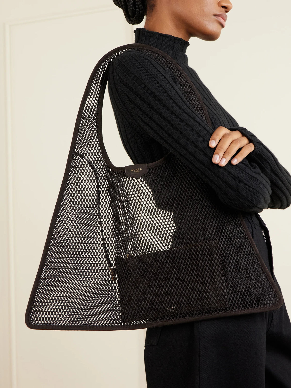 Image of Bags. Product name - One Piece Suede-trimmed Mesh Shoulder Bag in Chocolate colour by brand - Alaïa