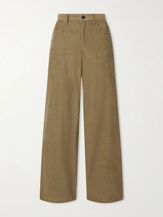 Image of a model wearing Pants. Product name - Eglitta Cotton-corduroy Straight-leg Pants in Brown colour by brand - The Row