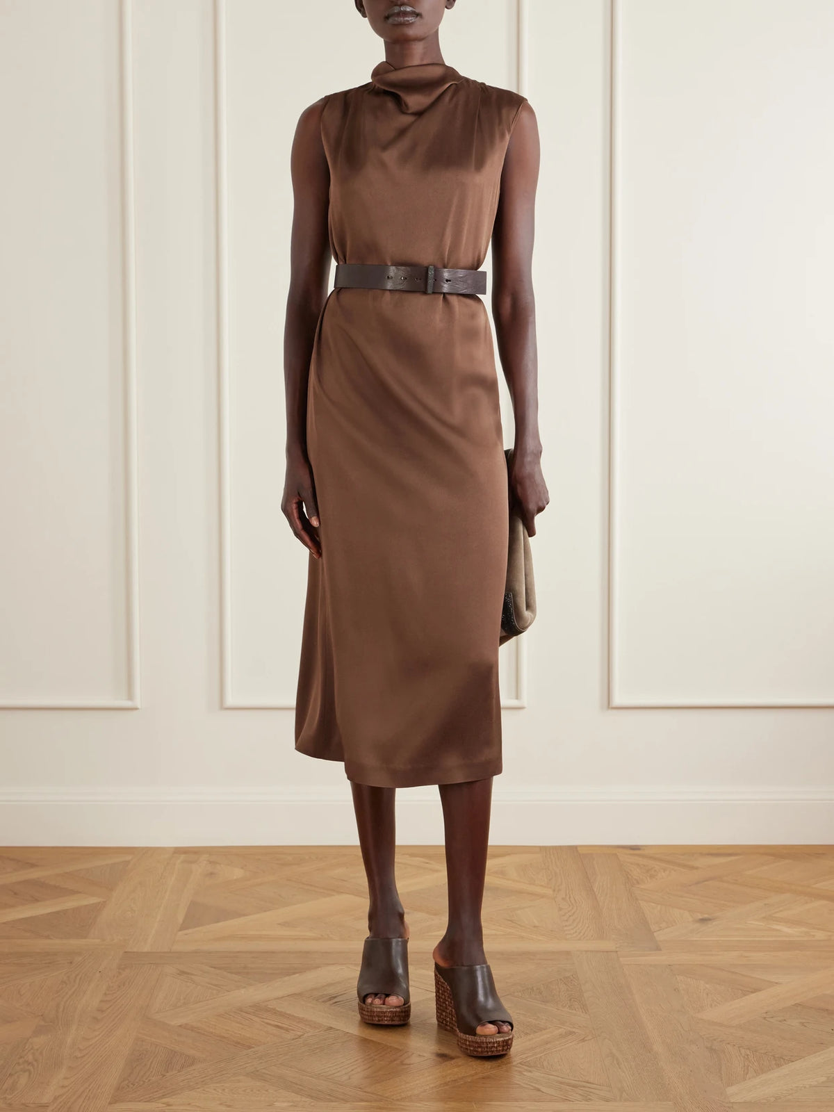 Image of Heels. Product name - Leather Platform Wedge Espadrille Sandals in Chocolate colour by brand - Brunello Cucinelli