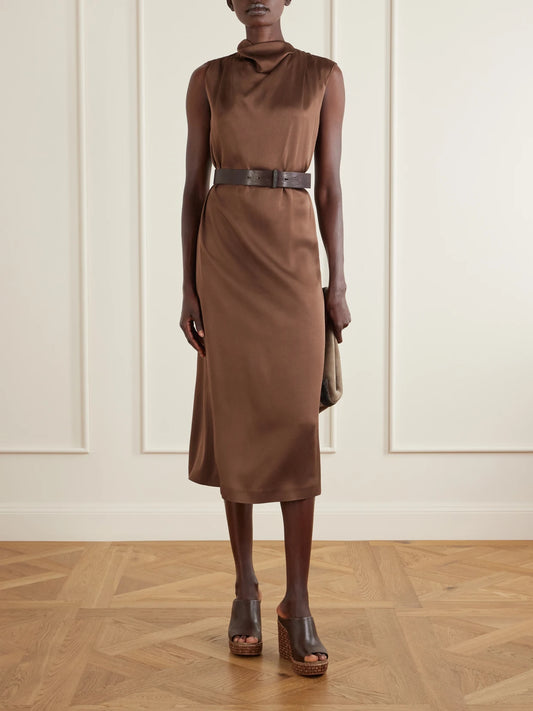 Image of Heels. Product name - Leather Platform Wedge Espadrille Sandals in Chocolate colour by brand - Brunello Cucinelli