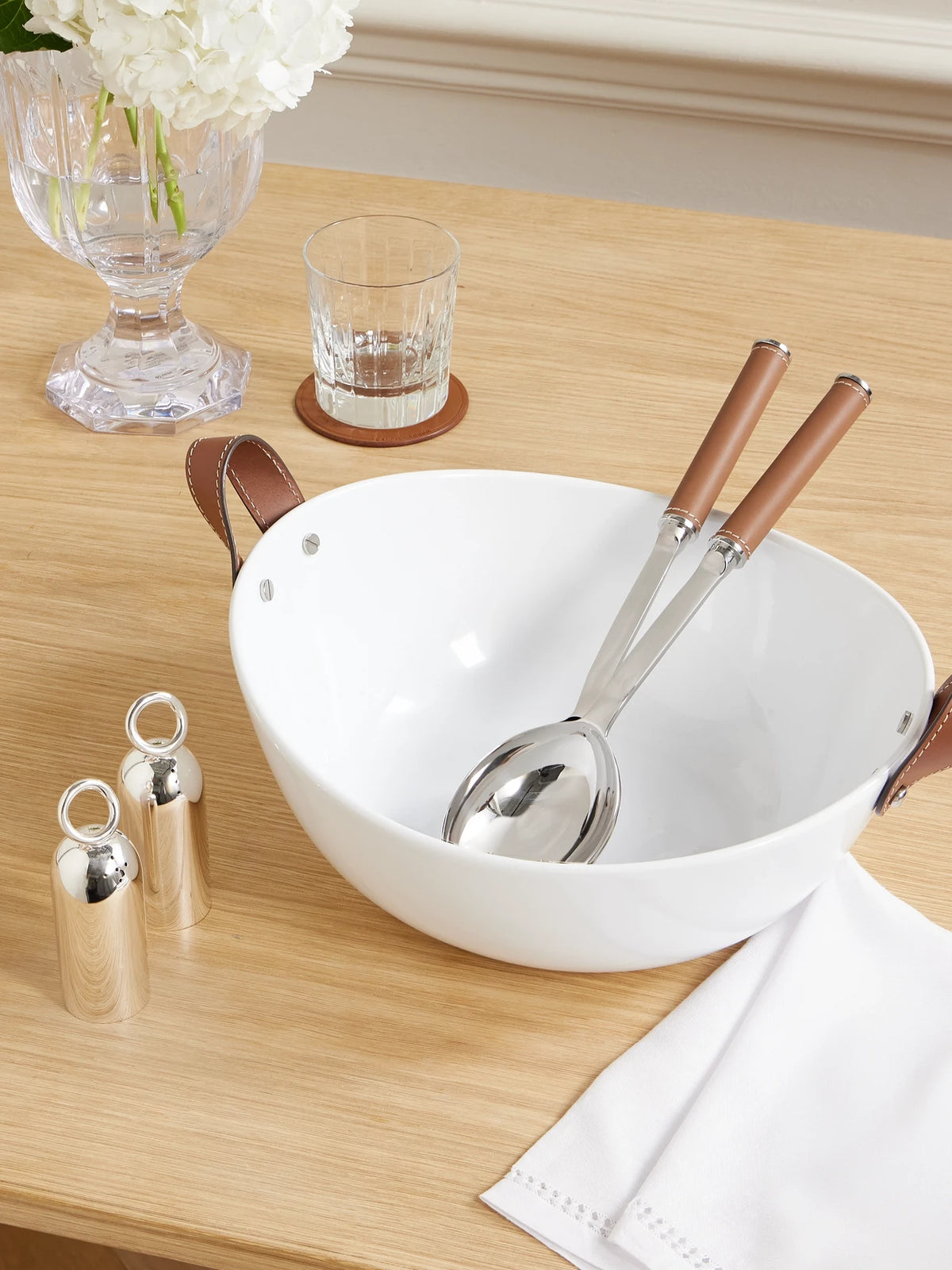 Image of Tableware. Product name - Wyatt Set Of Two Stainless Steel And Leather Salad Servers in Brown colour by brand - Ralph Lauren Home