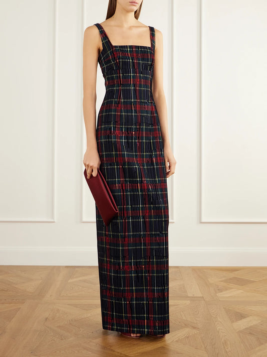 Image of Dresses. Product name - Micheline Checked Flocked Velvet-trimmed Gabardine Maxi Dress in Multi colour by brand - Emilia Wickstead