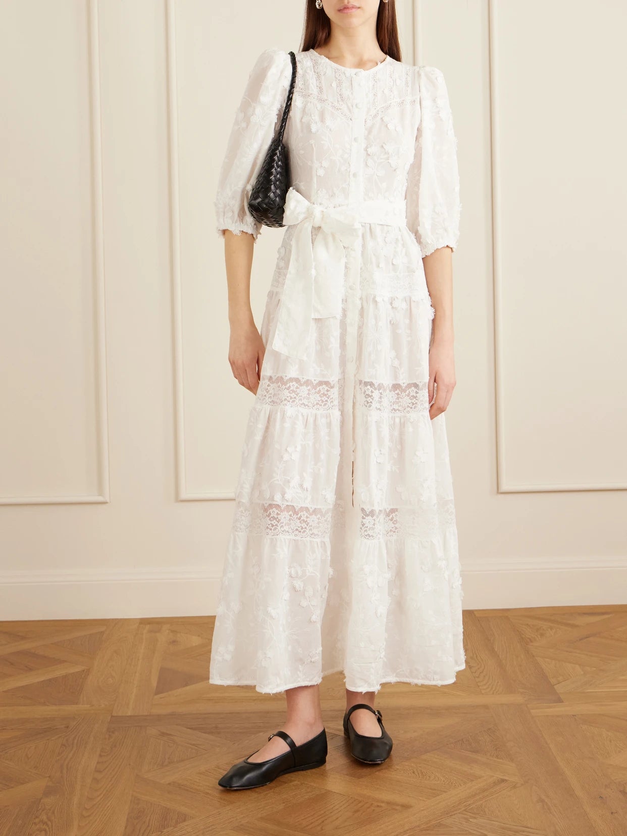 Image of Dresses. Product name - Poppi Belted Tiered Lace-trimmed Broderie Anglaise Cotton Maxi Dress in White colour by brand - Loretta Caponi