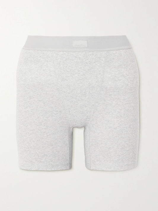 Image of Sleepwear & Loungewear. Product name - Cotton Collection Ribbed Cotton-blend Jersey Boxer Shorts - Light Heather Grey in Gray colour by brand - SKIMS