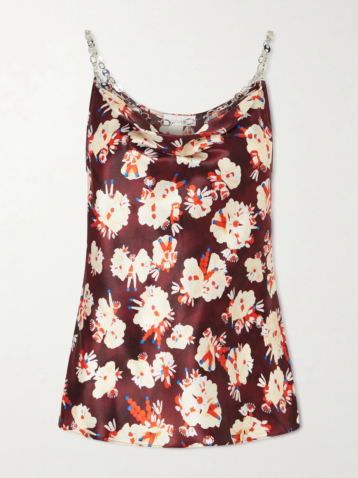 Image of a model wearing Tops. Product name - Chainmail-embellished Floral-print Silk Tank in Burgundy colour by brand - RABANNE