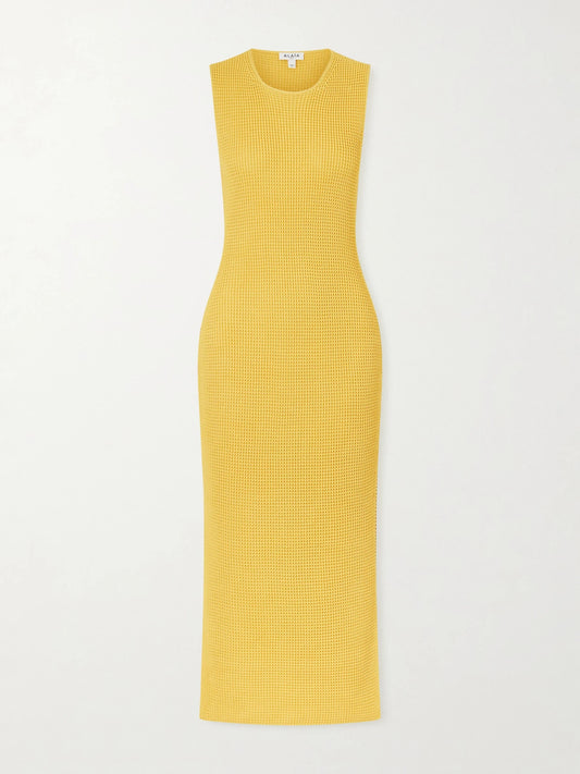Image of Dresses. Product name - Waffle-knit Silk Midi Dress in Yellow colour by brand - Alaïa