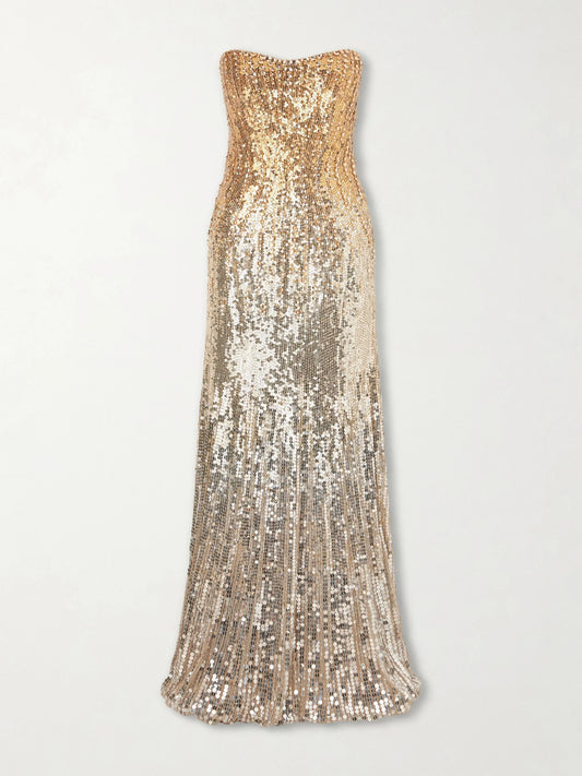 Image of Dresses. Product name - Lior Embellished Sequined Satin Gown in Silver colour by brand - Jenny Packham