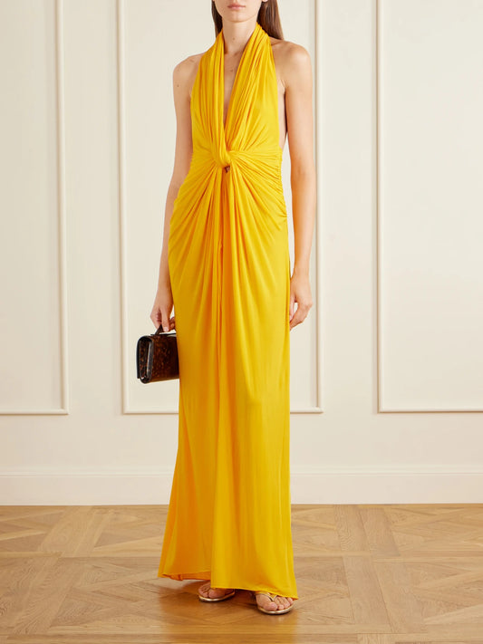 Image of Dresses. Product name - Ruched Jersey Halterneck Gown in Yellow colour by brand - Alex Perry