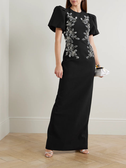 Image of Dresses. Product name - Zephyr Embellished Crepe Gown in Black colour by brand - Rebecca Vallance