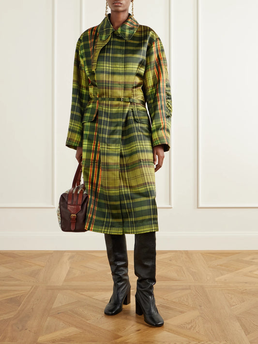 Image of Coats & Jackets. Product name - Belted Checked Duchess-satin Coat in Green colour by brand - Dries Van Noten