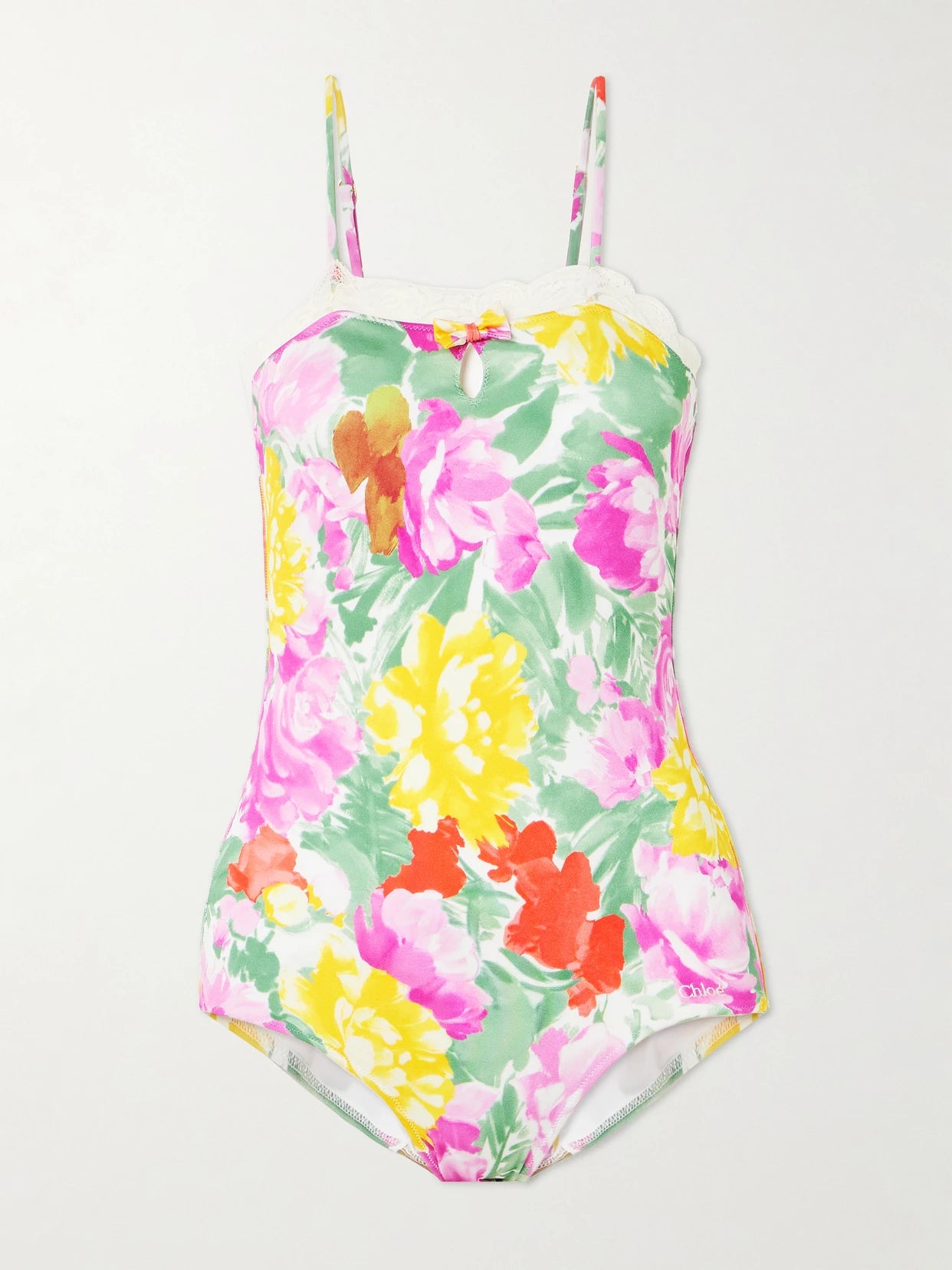 Lace-trimmed Floral-print Swimsuit