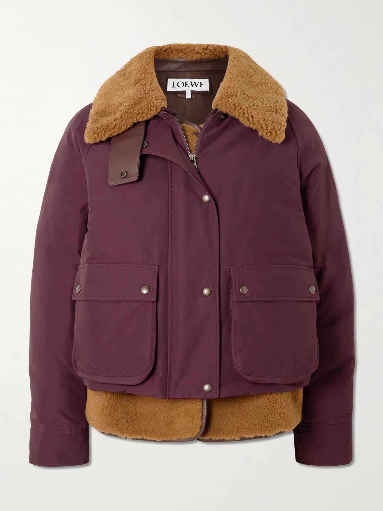 Image of Coats & Jackets. Product name - Shearling-lined Padded Cotton-blend Jacket in Burgundy colour by brand - LOEWE
