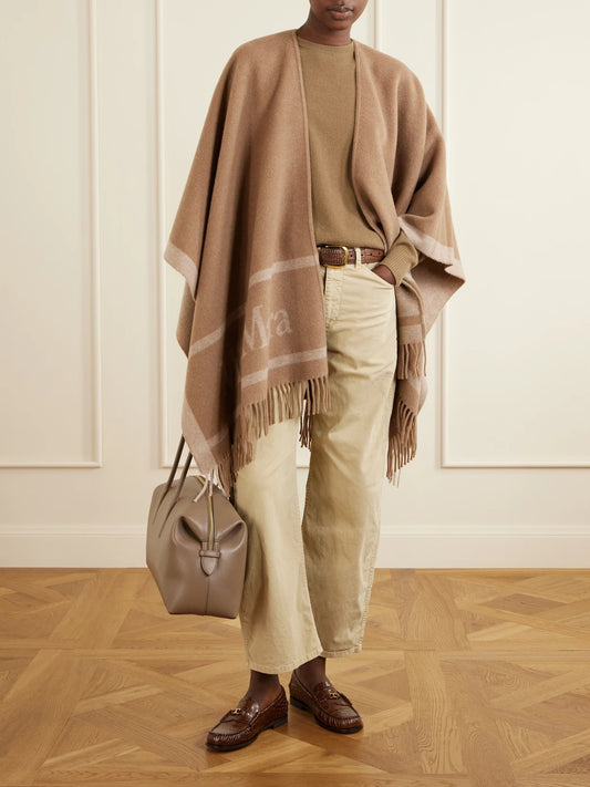 Image of Scarves & Shawls. Product name - Fringed Wool-jacquard Cape in Camel colour by brand - Max Mara