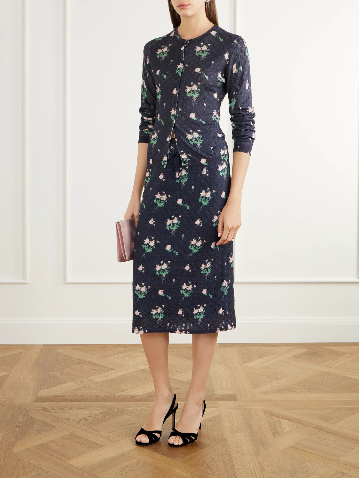 Image of Outfit Sets. Product name - Kira Floral-print Pointelle-knit Silk, Wool And Cashmere-blend Cardigan in Black colour by brand - BERNADETTE