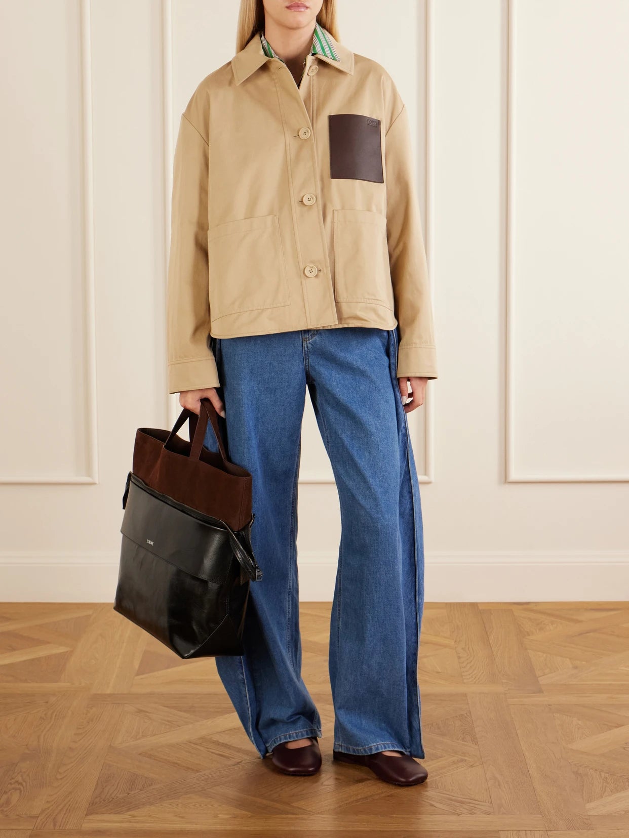 Image of Coats & Jackets. Product name - Anagram-embossed Leather-trimmed Cotton-gabardine Jacket in Beige colour by brand - LOEWE