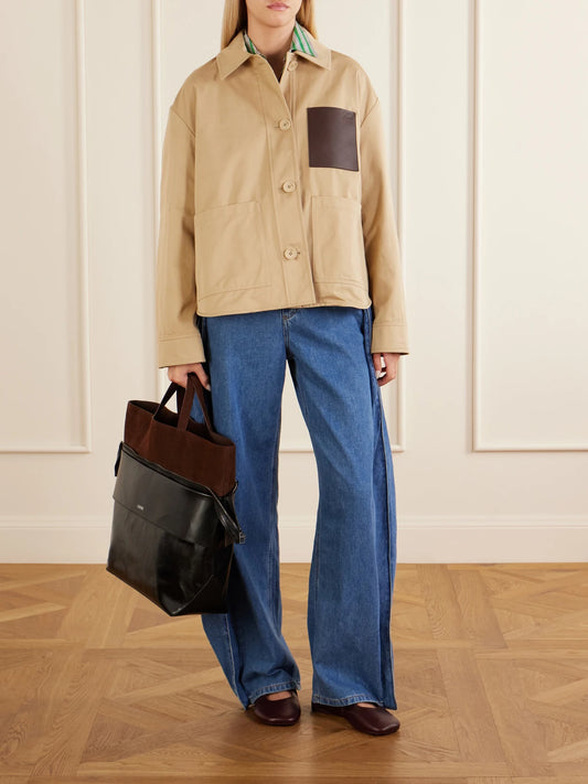 Image of Coats & Jackets. Product name - Anagram-embossed Leather-trimmed Cotton-gabardine Jacket in Beige colour by brand - LOEWE
