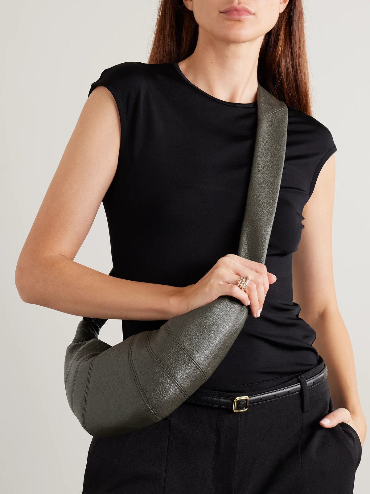 Image of Bags. Product name - Croissant Small Paneled Textured-leather Shoulder Bag in Army green colour by brand - LEMAIRE