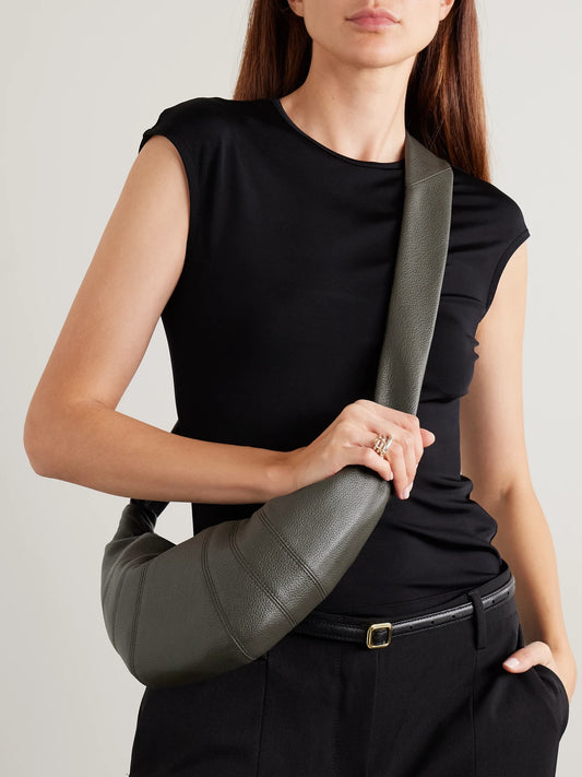 Image of Bags. Product name - Croissant Small Paneled Textured-leather Shoulder Bag in Army green colour by brand - LEMAIRE