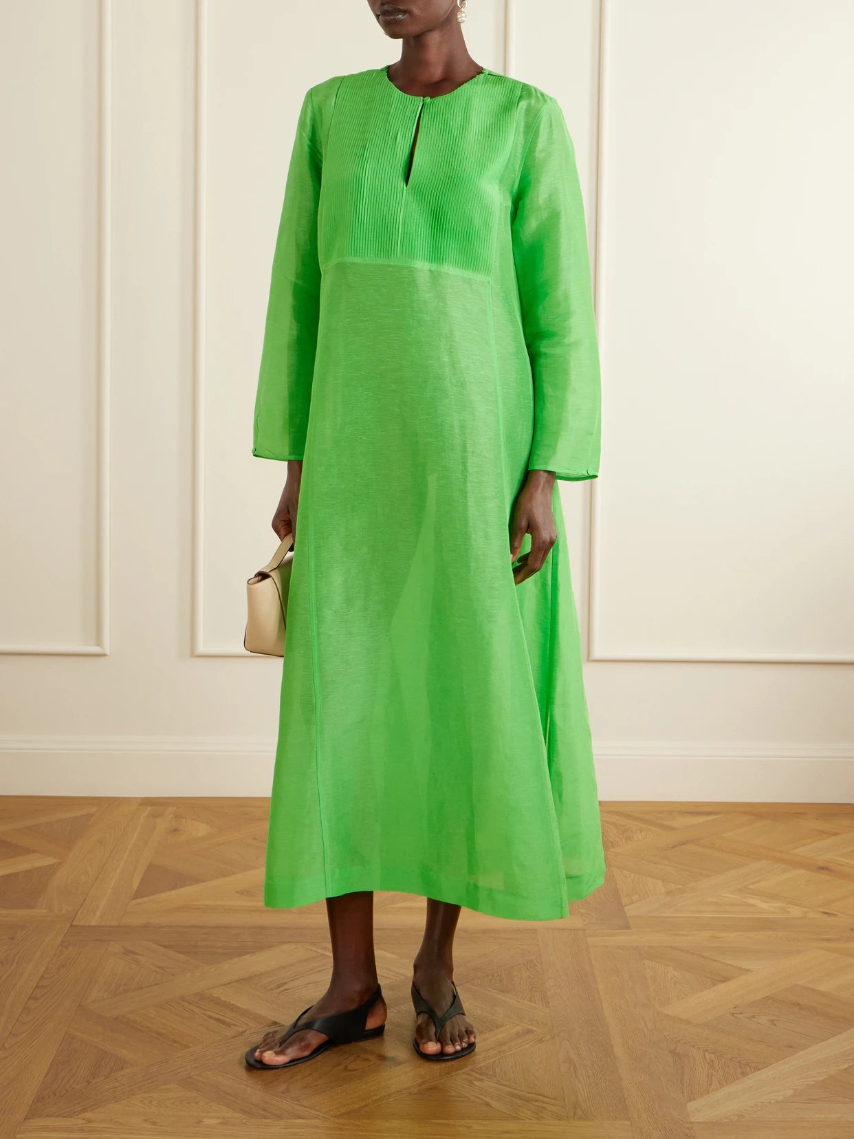 Image of Dresses. Product name - Linen And Silk-blend Kaftan in Bright green colour by brand - Tory Burch