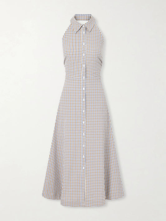 Image of Dresses. Product name - Mackey Checked Cotton-seersucker Midi Dress in Multi colour by brand - Veronica Beard