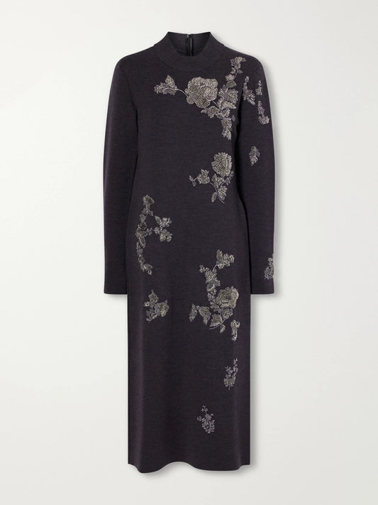 Oscar de la Renta Bead-embellished Embroidered Wool-blend Knitted Midi Dress