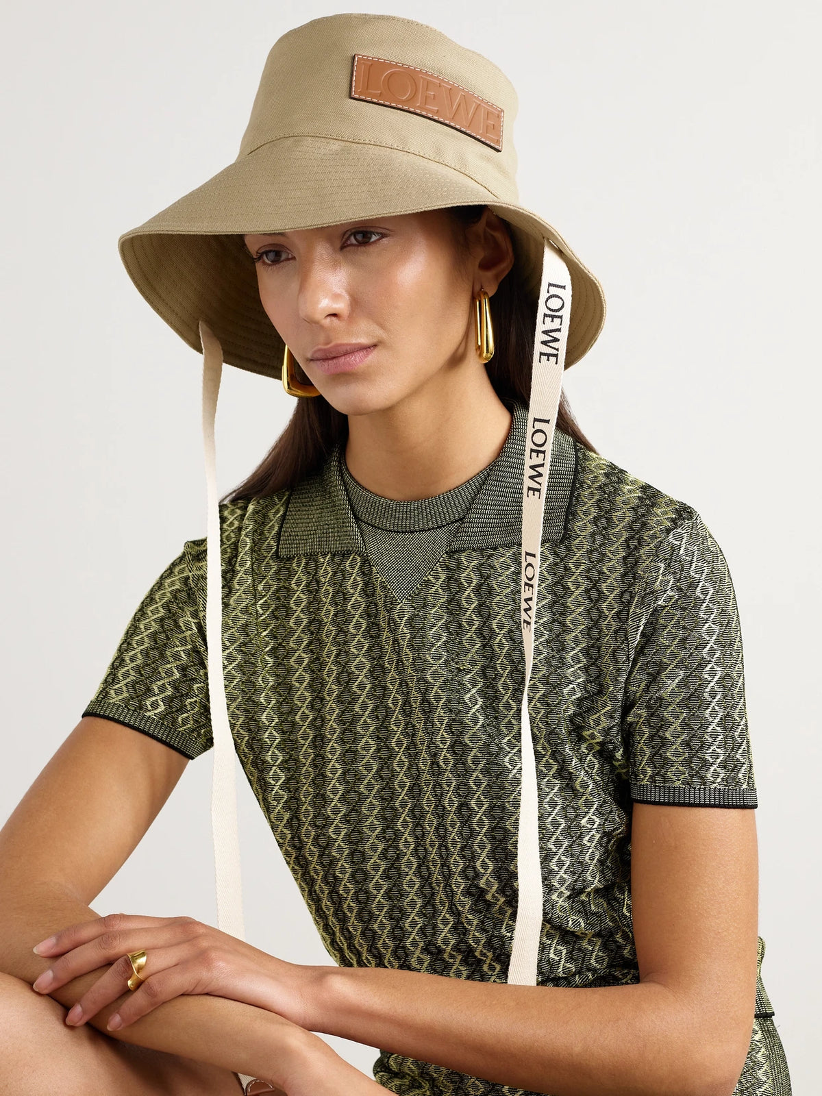Image of Hats. Product name - + Paula's Ibiza Appliquéd Cotton-canvas Bucket Hat in Beige colour by brand - LOEWE